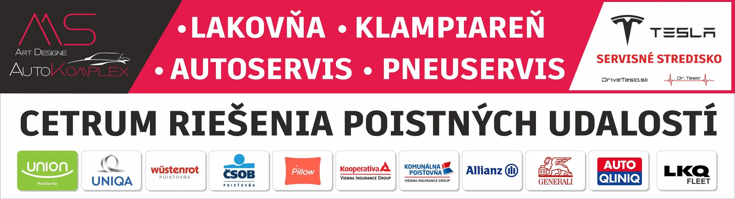 MS Art Autokomplex — lakovňa, klampiareň, autoservis a pneuservis, Tesla servisné stredisko a centrum riešenia poistných udalostí. Zmluvný partner poisťovní: Union, UNIQA, Wüstenrot, ČSOB, Pillow, Kooperativa, Komunálna poisťovňa, Allianz, Generali, Auto Qliniq a LKQ Fleet.